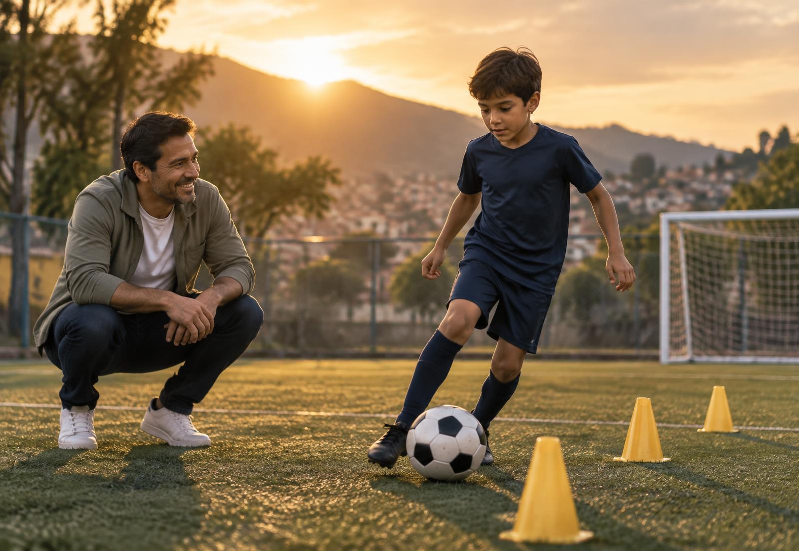 Padre acompañando a su hijo durante una práctica de fútbol